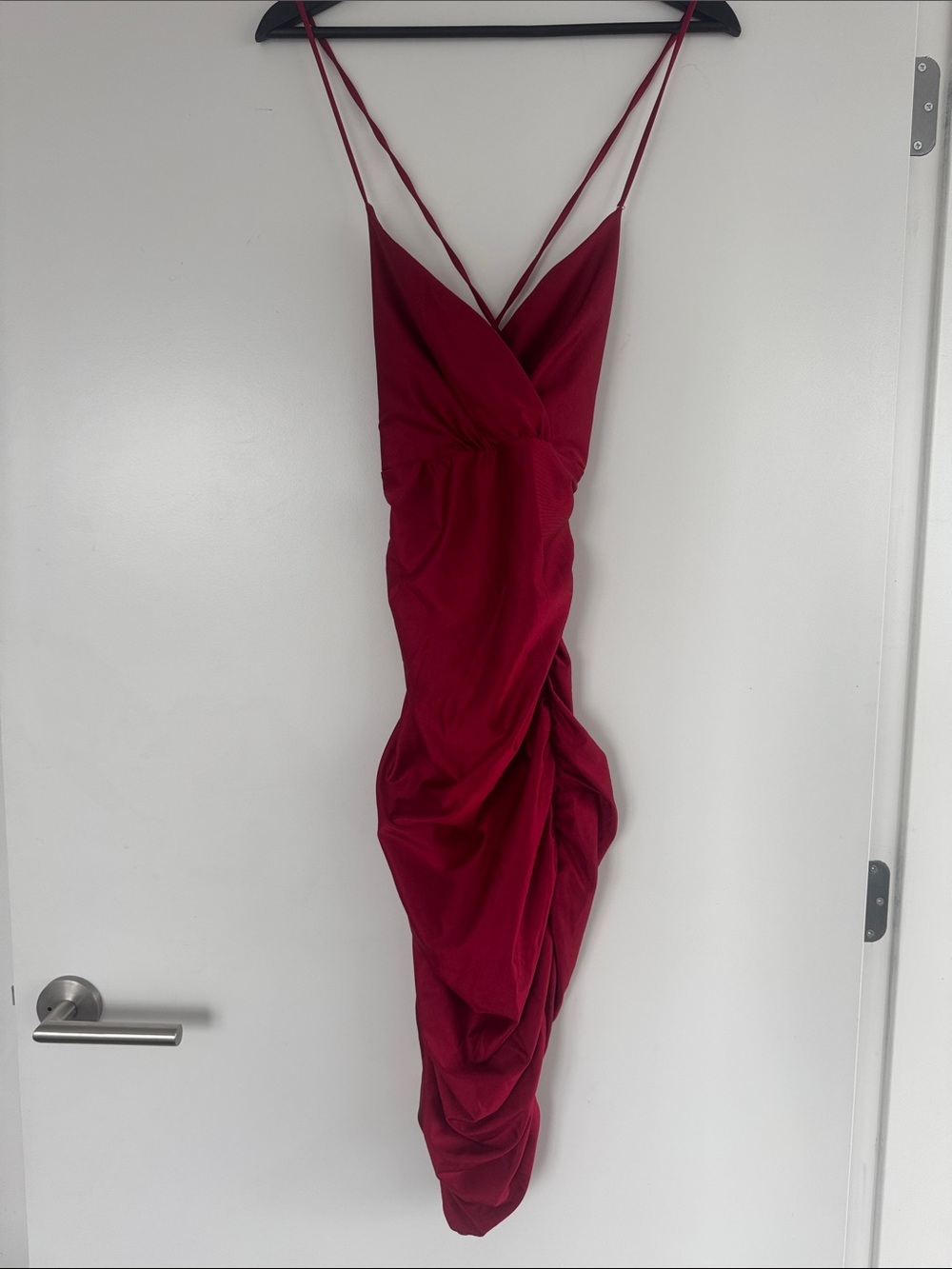 Red Ruched Midi Slip Dress with Double Spaghetti Straps